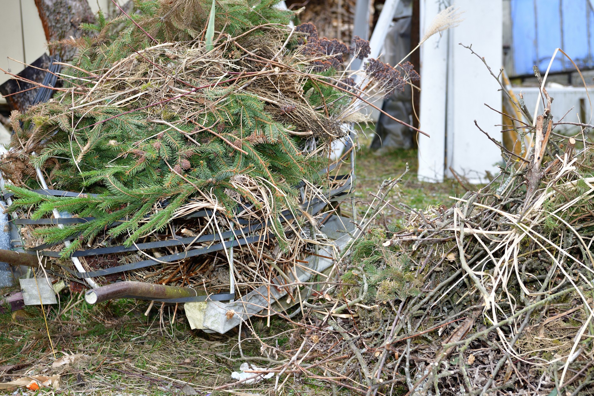 Spring cleaning in the garden at the cottage from branches and dry grass